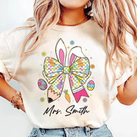 Personalized Teacher Easter Bunny Sweatshirt, Easter Teacher Shirt, Teacher Pencil Coquette Bunny Tee, Hoppy Teacher Easter Shirt