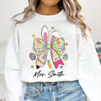 Personalized Teacher Easter Bunny Sweatshirt, Easter Teacher Shirt, Teacher Pencil Coquette Bunny Tee, Hoppy Teacher Easter Shirt