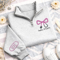 Nurse Bow Embroidered Quarter Zip Sweatshirt, RN Stethoscope Monogram Pullover, Personalized Nurse Gift, RN Healthcare Worker Gift