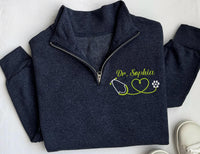 Vet Tech Embroidered Quarter Zip Sweatshirt, Personalized Veterinarian Stethoscope Pullover, RVT Animal Rescue Paw Print Custom Name Gift