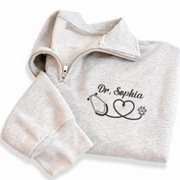 Vet Tech Embroidered Quarter Zip Sweatshirt, Personalized Veterinarian Stethoscope Pullover, RVT Animal Rescue Paw Print Custom Name Gift