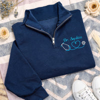 Vet Tech Embroidered Quarter Zip Sweatshirt, Personalized Veterinarian Stethoscope Pullover, RVT Animal Rescue Paw Print Custom Name Gift