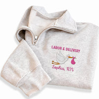 Labor and Delivery Nurse Embroidered Quarter Zip Sweatshirt, Stork NICU Nurse Pullover, L&D Nurse Gift, Healthcare Worker Quarter Zip