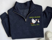 Labor and Delivery Nurse Embroidered Quarter Zip Sweatshirt, Stork NICU Nurse Pullover, L&D Nurse Gift, Healthcare Worker Quarter Zip