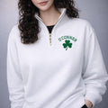 Personalized St Patrick’s Day Embroidered Quarter Zip Sweatshirt, Irish Shamrock Pullover, Custom Last Name Four-Leaf Clover Lucky Zip Shirt