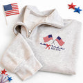 Embroidered Patriotic Quarter Zip Sweatshirt, USA American Flag Pullover, America Est 1776 Independence Day Celebration Gift