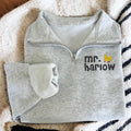 Embroidered Teacher Quarter Zip Sweatshirt, Apple Name Custom Pullover, Personalized Graduation Gift for New Teacher Cozy Zip Up