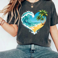 Heart Shaped Ocean Beach Shirt, Palm Tree Vacation Shirt, Tropical Beach Lover Tee, Summer Coastal Shirt, Unisex Beach Vacation Shirt