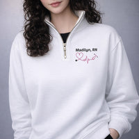 Monogram Nurse Embroidered Quarter Zip Sweatshirt, Heartbeat Nurse Pullover, Nurse Graduation Gift, RN BSN CNA Lpn Zip Sweater