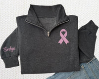 Breast Cancer Awareness Embroidered Quarter Zip Sweatshirt, Pink Ribbon Pullover, Support Survivor Gift, Hope Strength Apparel