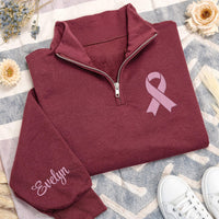 Breast Cancer Awareness Embroidered Quarter Zip Sweatshirt, Pink Ribbon Pullover, Support Survivor Gift, Hope Strength Apparel