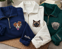 Pet Portrait Embroidered Quarter Zip Sweatshirt, Custom Dog Cat Pullover, Personalized Pet Lover Gift, Embroidered Animal Zip