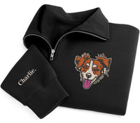 Pet Portrait Embroidered Quarter Zip Sweatshirt, Custom Dog Cat Pullover, Personalized Pet Lover Gift, Embroidered Animal Zip