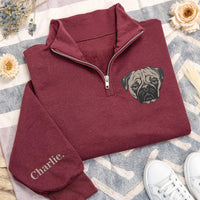 Pet Portrait Embroidered Quarter Zip Sweatshirt, Custom Dog Cat Pullover, Personalized Pet Lover Gift, Embroidered Animal Zip