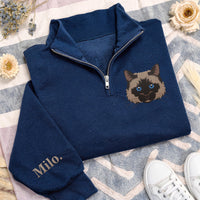 Pet Portrait Embroidered Quarter Zip Sweatshirt, Custom Dog Cat Pullover, Personalized Pet Lover Gift, Embroidered Animal Zip