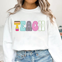 Neon Checkered Teach Shirt, Teacher Back to School Shirt, Neon Distressed Teach Tee, Coquette Teacher Shirt, Gifts for Teachers