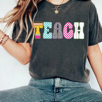 Neon Checkered Teach Shirt, Teacher Back to School Shirt, Neon Distressed Teach Tee, Coquette Teacher Shirt, Gifts for Teachers