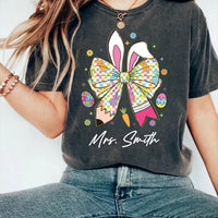 Personalized Teacher Easter Bunny Sweatshirt, Easter Teacher Shirt, Teacher Pencil Coquette Bunny Tee, Hoppy Teacher Easter Shirt