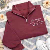 Vet Tech Embroidered Quarter Zip Sweatshirt, Personalized Veterinarian Stethoscope Pullover, RVT Animal Rescue Paw Print Custom Name Gift