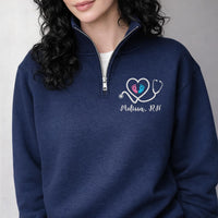 Personalized Nurse Embroidered Quarter Zip Sweatshirt, Baby Feet Stethoscope Pullover, NICU L&D Pediatric Midwife Doula Doctor Gift