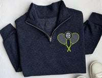Monogram Tennis Embroidered Quarter Zip Sweatshirt, Personalized Tennis Ball Racket Pullover, Tennis Player Gift, Tennis Team