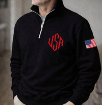 USA Monogram Embroidered Quarter Zip Sweatshirt, Patriotic American Flag Pullover, Custom USA Initial Quarter Zip, USA Pride Gift