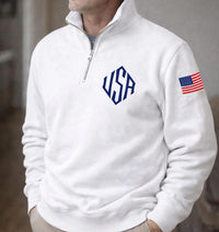 USA Monogram Embroidered Quarter Zip Sweatshirt, Patriotic American Flag Pullover, Custom USA Initial Quarter Zip, USA Pride Gift