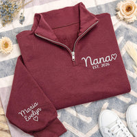 Custom Nana Embroidered Quarter Zip Sweatshirt, Personalized Grandma Pullover, Grandma Gift, Nana Quarter Zip Sweater for Women
