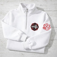 Firefighter Wife Embroidered Quarter Zip Sweatshirt, Maltese Cross Badge Number Pullover, Fireman Girlfriend Fiancée Gift