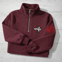 Firefighter Wife Embroidered Quarter Zip Sweatshirt, Maltese Cross Badge Number Pullover, Fireman Girlfriend Fiancée Gift