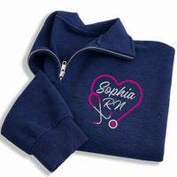 Medical Heart Stethoscope Embroidered Quarter Zip Sweatshirt, Custom Nurse Pullover, RN CNA LPN Gift, Healthcare Worker Apparel