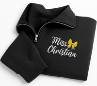 Personalized Teacher Embroidered Quarter Zip Sweatshirt, Pencil Bow School Colors Pullover, Cute Teacher Gift, Back to School