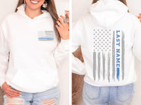 Custom Last Name American Flag Shirt, Thin Blue Line Flag Shirt, Personalized Police Flag Tee, Patriotic Family Shirt, Front Back