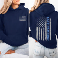 Custom Last Name American Flag Shirt, Thin Blue Line Flag Shirt, Personalized Police Flag Tee, Patriotic Family Shirt, Front Back