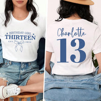 Custom 13th Birthday Shirt, Pink Coquette Bow Birthday Shirt, Girls University Style Tee, Est 2002 Birthday Sweet 13 Party Shirt, Front Back