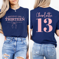 Custom 13th Birthday Shirt, Pink Coquette Bow Birthday Shirt, Girls University Style Tee, Est 2002 Birthday Sweet 13 Party Shirt, Front Back