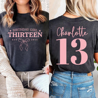 Custom 13th Birthday Shirt, Pink Coquette Bow Birthday Shirt, Girls University Style Tee, Est 2002 Birthday Sweet 13 Party Shirt, Front Back