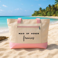 Maid of Honor Personalized Tote Bag with Zipper, Bridesmaid Proposal Gift, Custom Name Bridal Party Tote, Wedding Day Gift Bag