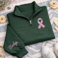 Breast Cancer Awareness Embroidered Quarter Zip Sweatshirt, Pink Ribbon Pullover, Support Survivor Gift, Hope Strength Apparel