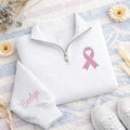 Breast Cancer Awareness Embroidered Quarter Zip Sweatshirt, Pink Ribbon Pullover, Support Survivor Gift, Hope Strength Apparel