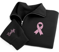 Breast Cancer Awareness Embroidered Quarter Zip Sweatshirt, Pink Ribbon Pullover, Support Survivor Gift, Hope Strength Apparel