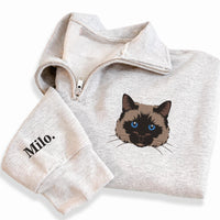 Pet Portrait Embroidered Quarter Zip Sweatshirt, Custom Dog Cat Pullover, Personalized Pet Lover Gift, Embroidered Animal Zip