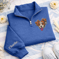 Pet Portrait Embroidered Quarter Zip Sweatshirt, Custom Dog Cat Pullover, Personalized Pet Lover Gift, Embroidered Animal Zip