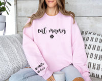 Personalized Cat Mama Sweatshirt, Cat Name Shirt, Custom Cat Mom Tee, Cute Cat Mommy Outfit, Mother’s Day Gifts, Cat Mom Gift, Front Sleeve