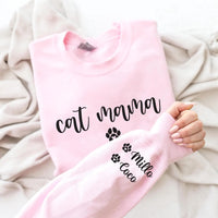 Personalized Cat Mama Sweatshirt, Cat Name Shirt, Custom Cat Mom Tee, Cute Cat Mommy Outfit, Mother’s Day Gifts, Cat Mom Gift, Front Sleeve