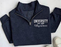 Personalized University Embroidered Quarter Zip Sweatshirt, Custom College Name Pullover, New Student Gift, Campus Apparel