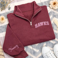 Personalized Mascot Embroidered Quarter Zip Sweatshirt, Custom Sports Team Pullover, School Team Spirit Quarter Zip Gift Apparel