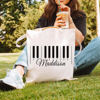 Personalized Piano Tote Bag, Custom Name Music Bag, Piano Lover Gift, Music Teacher Gift, Keyboard Design Tote, Musician Gift Bag