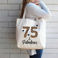 75 & Fabulous Tote Bag, Birthday Tote Bag, 75th Birthday Gift for Her, Leopard Print Birthday Bag, Milestone Birthday Gift, Party Gift Tote