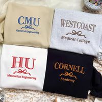 Custom College Bow Embroidered Sweatshirt, Preppy Coquette Hoodie, University Shirt, Graduation Long Sleeve Shirt, Cute College Gift